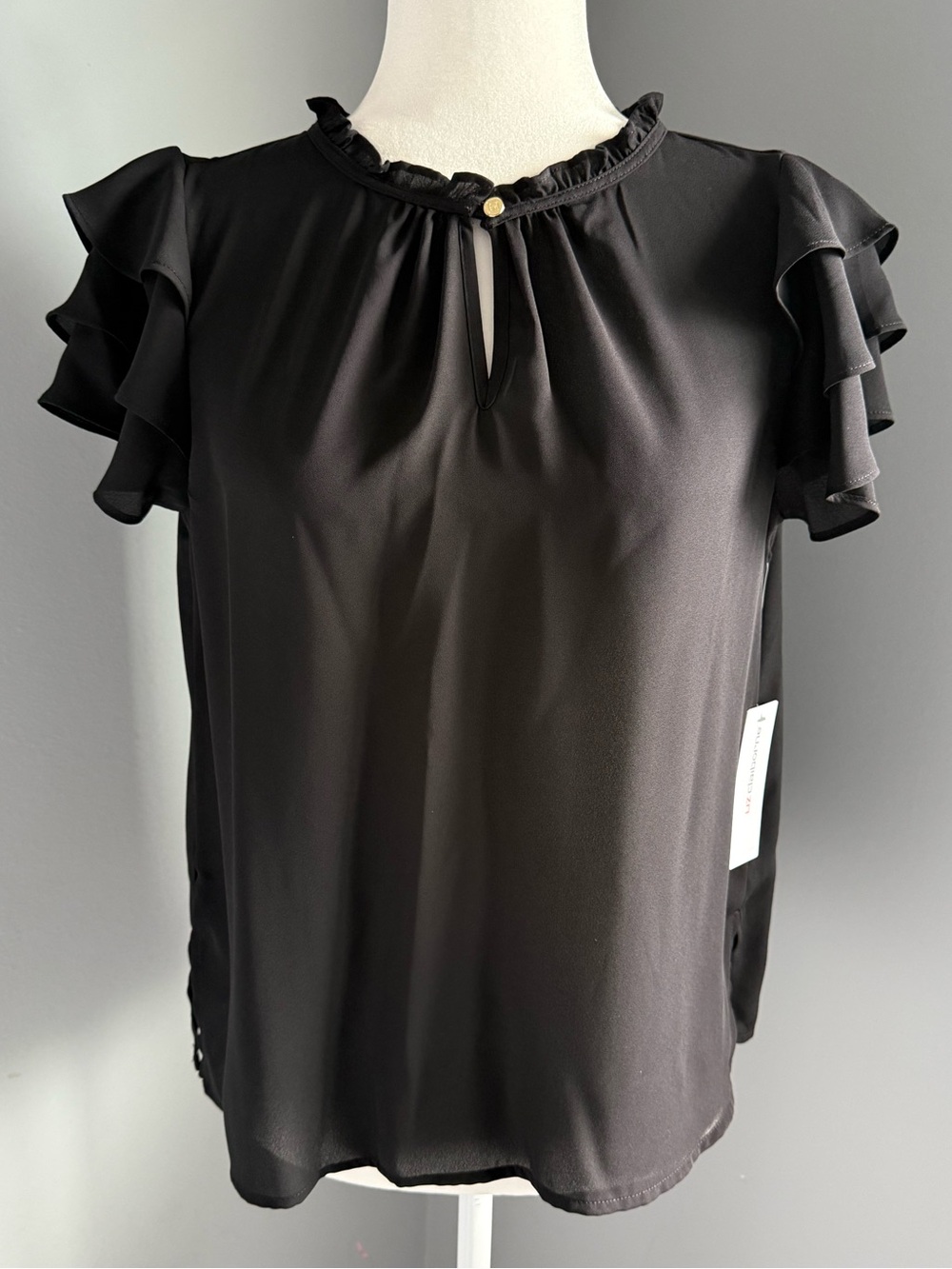 Black Ruffle Sleeve Keyhole Blouse by Liz Claiborne - Top Short Sleeve Shirt